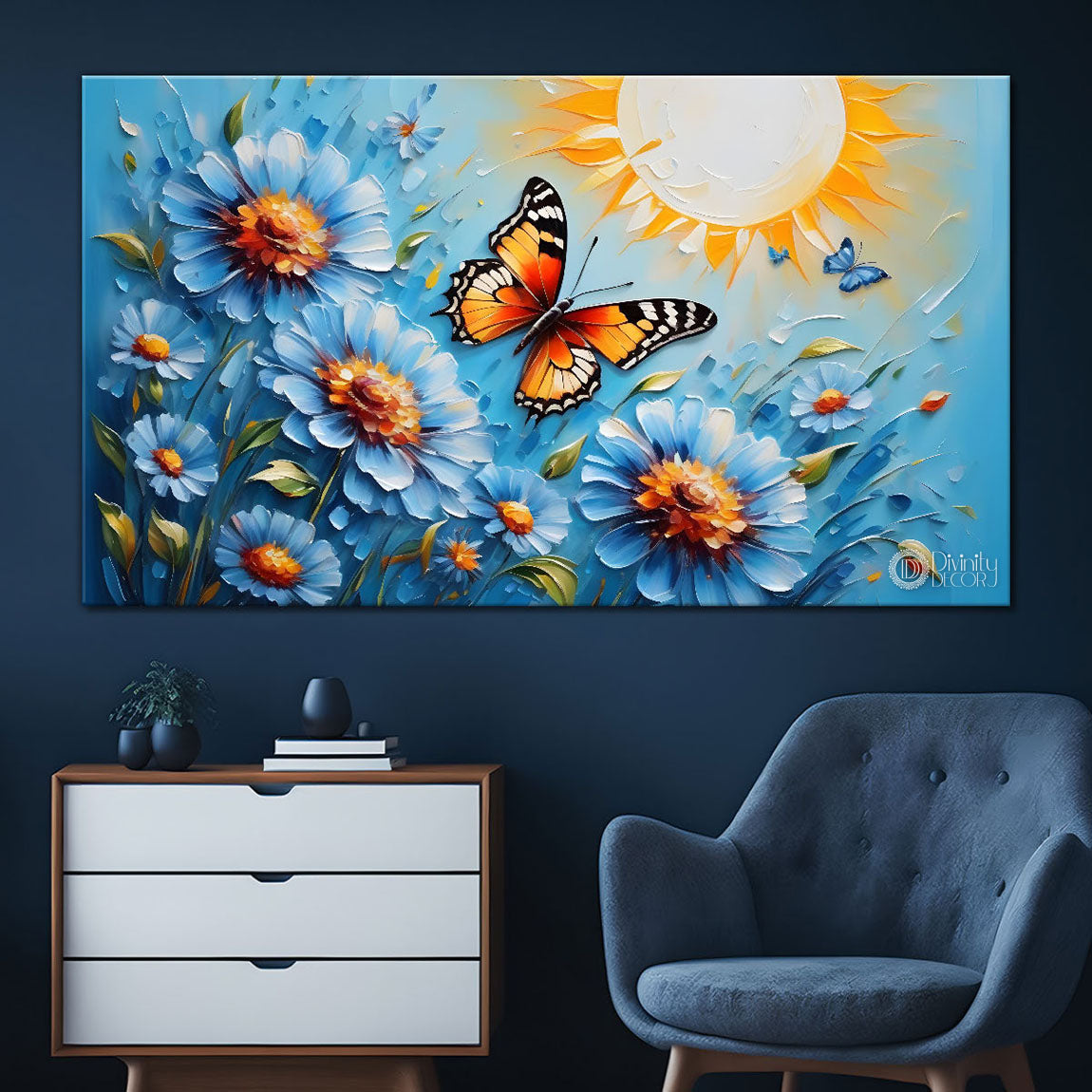 Flowers and butterfly textured art Canvas Painting - Nature Art -311
