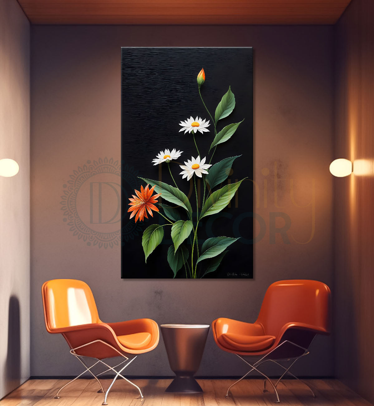 Orange and white flowers in dark textured background painting- Flower-V-311