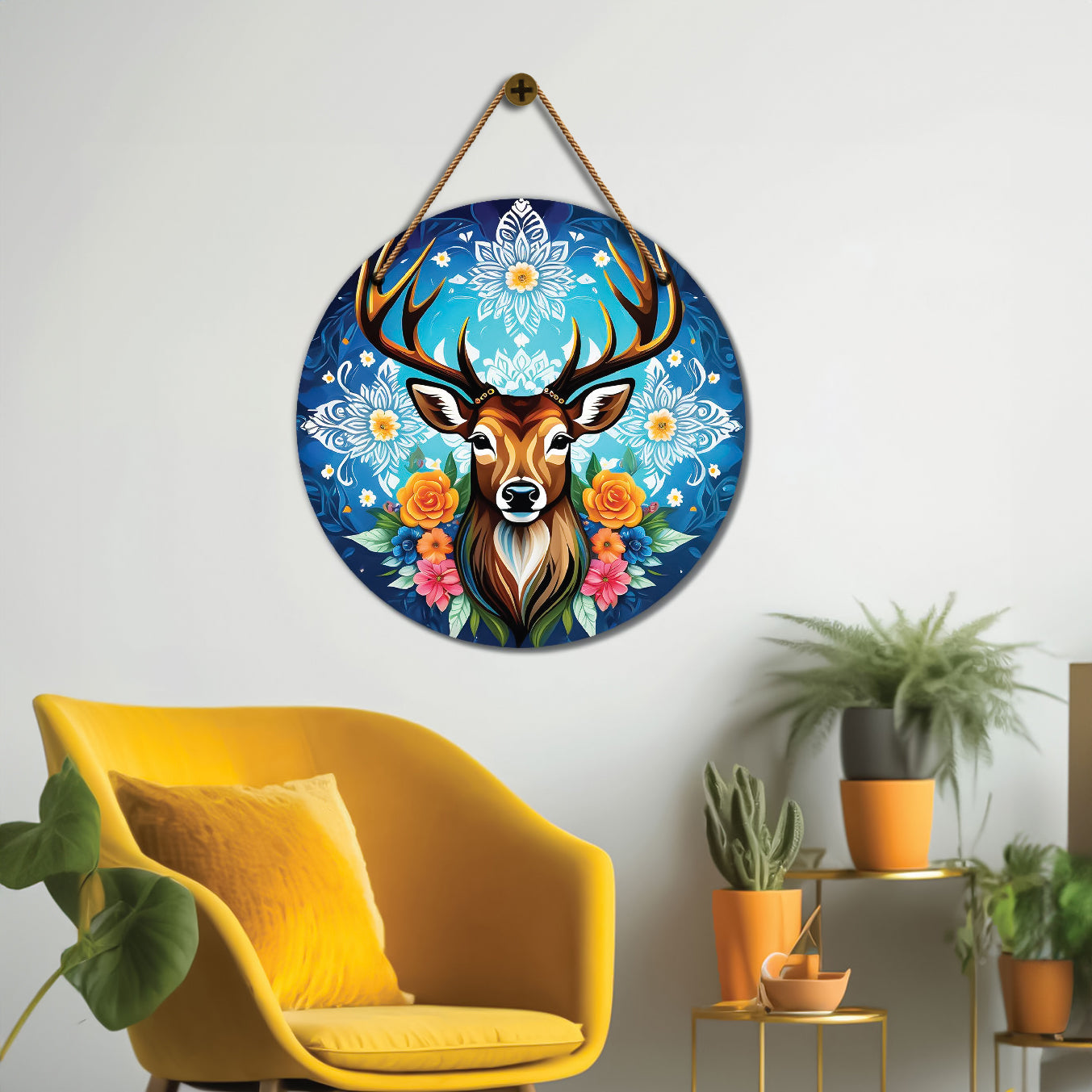 Deer in blue and floral mandala Round Wooden Wall Hanging for wall Décor - Design - 311