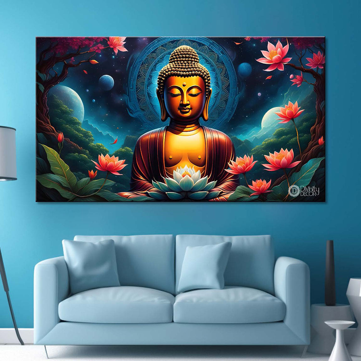Golden buddha with the blue and flowers background textured painting Canvas Wall Painting - Buddha-312