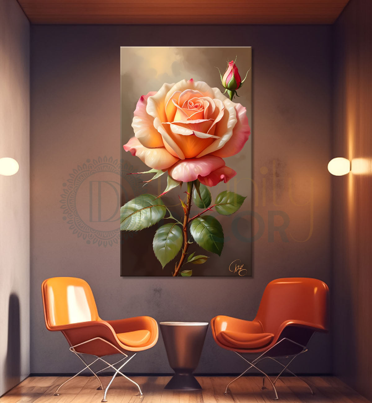 Light pink rose in light brown textued background painting- Flower-V-312