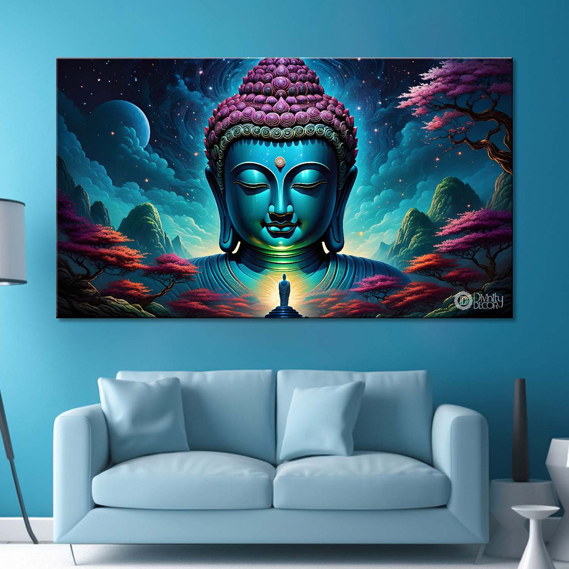 Blue buddha with the blue mountains and pink trees background textured painting Canvas Wall Painting - Buddha-313