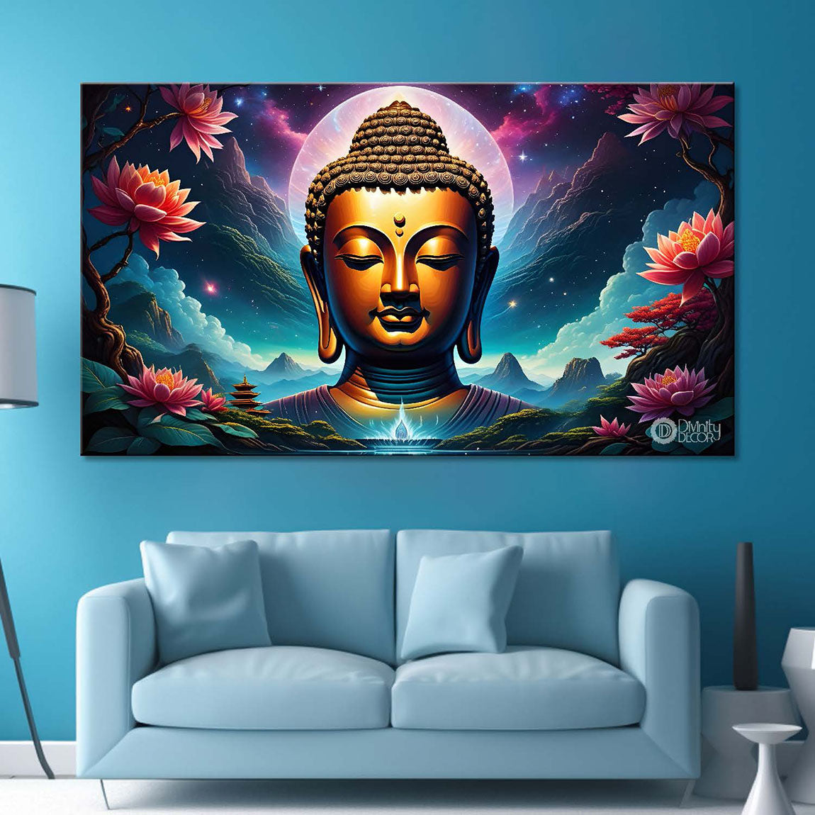 Golden buddha with the blue and flowers background textured painting Canvas Wall Painting - Buddha-314