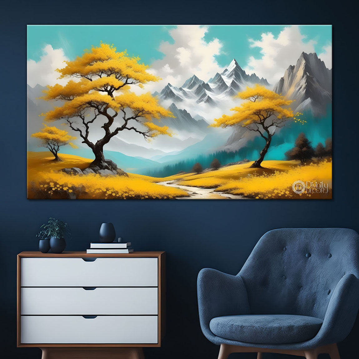 Yellow trees with mountains Canvas Painting - Nature Art -314