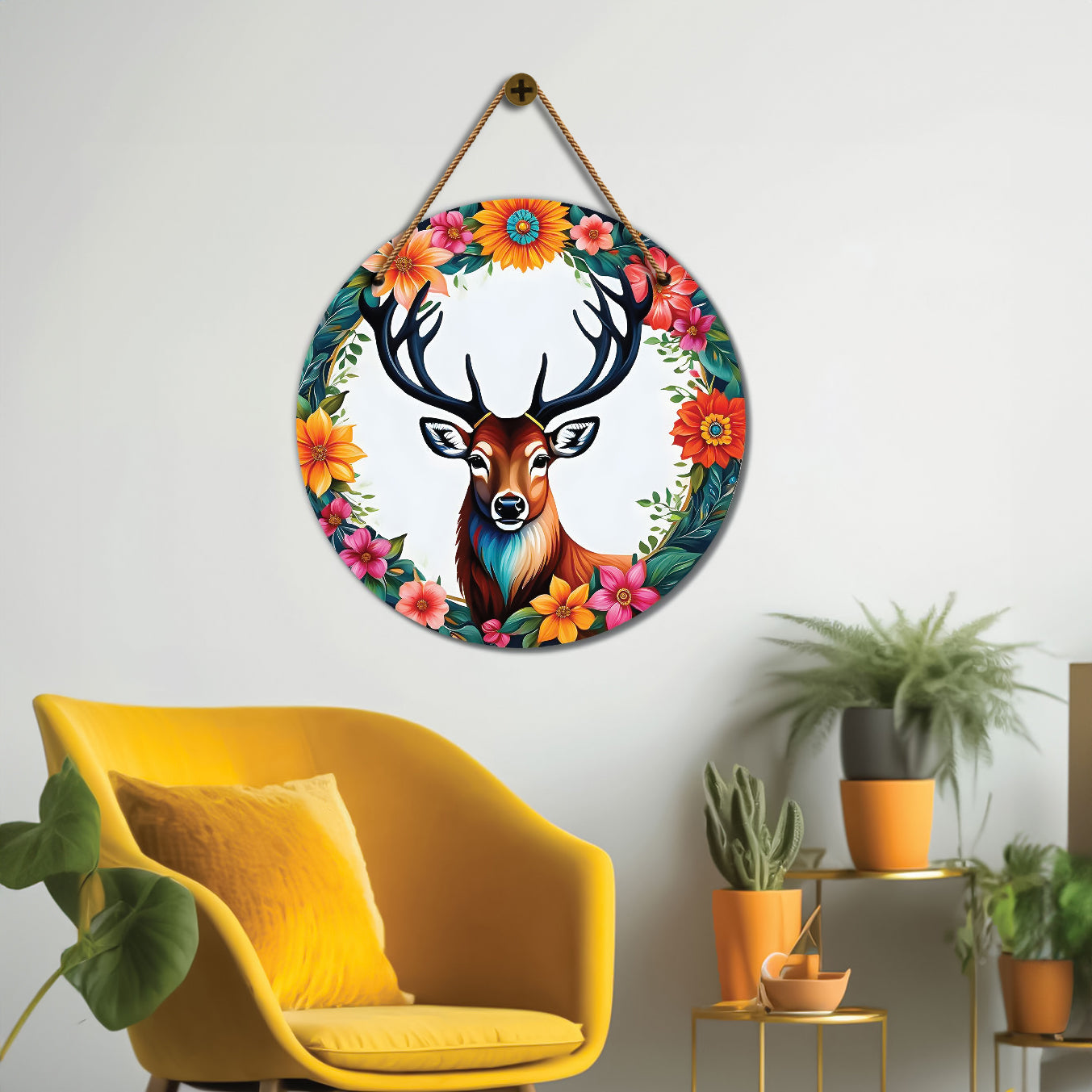 Deer in white and floral mandala Round Wooden Wall Hanging for wall Décor - Design - 314
