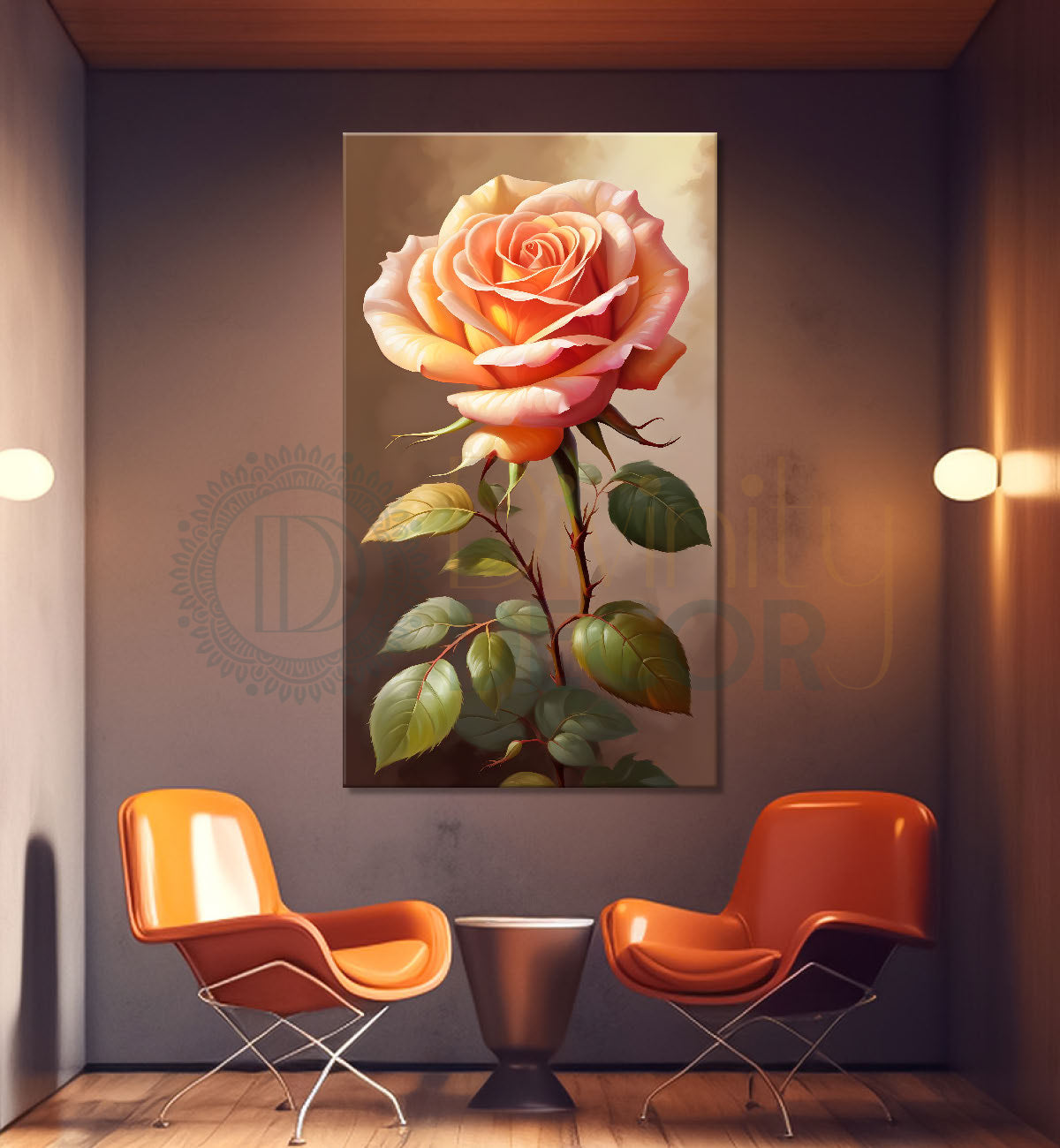Light pink rose in light brown textued background painting- Flower-V-314