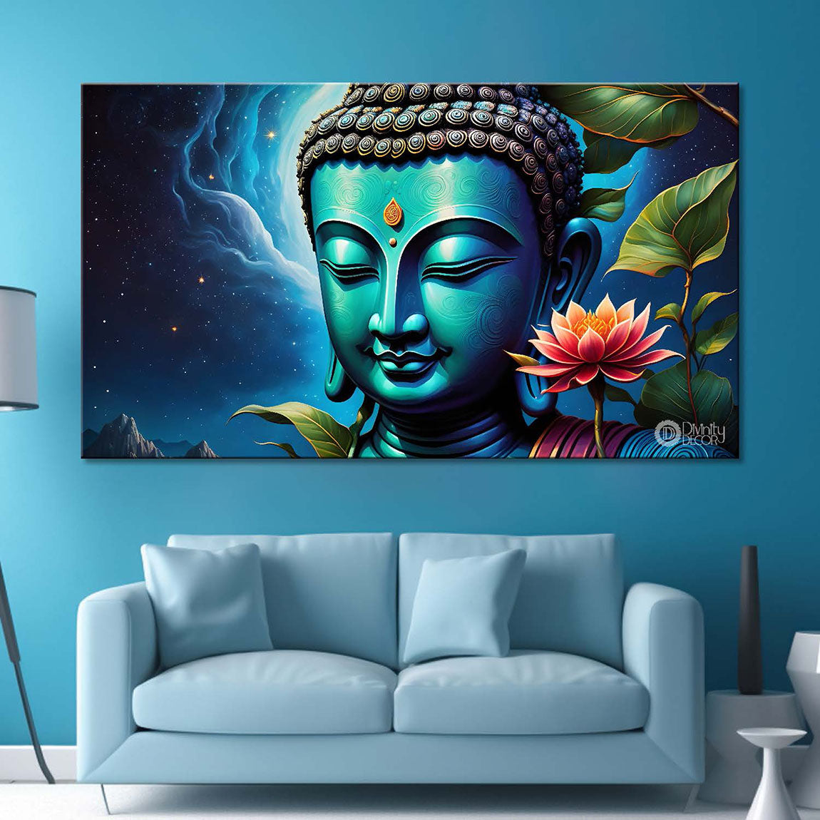Blue buddha with the blue and flowers background textured painting Canvas Wall Painting - Buddha-315