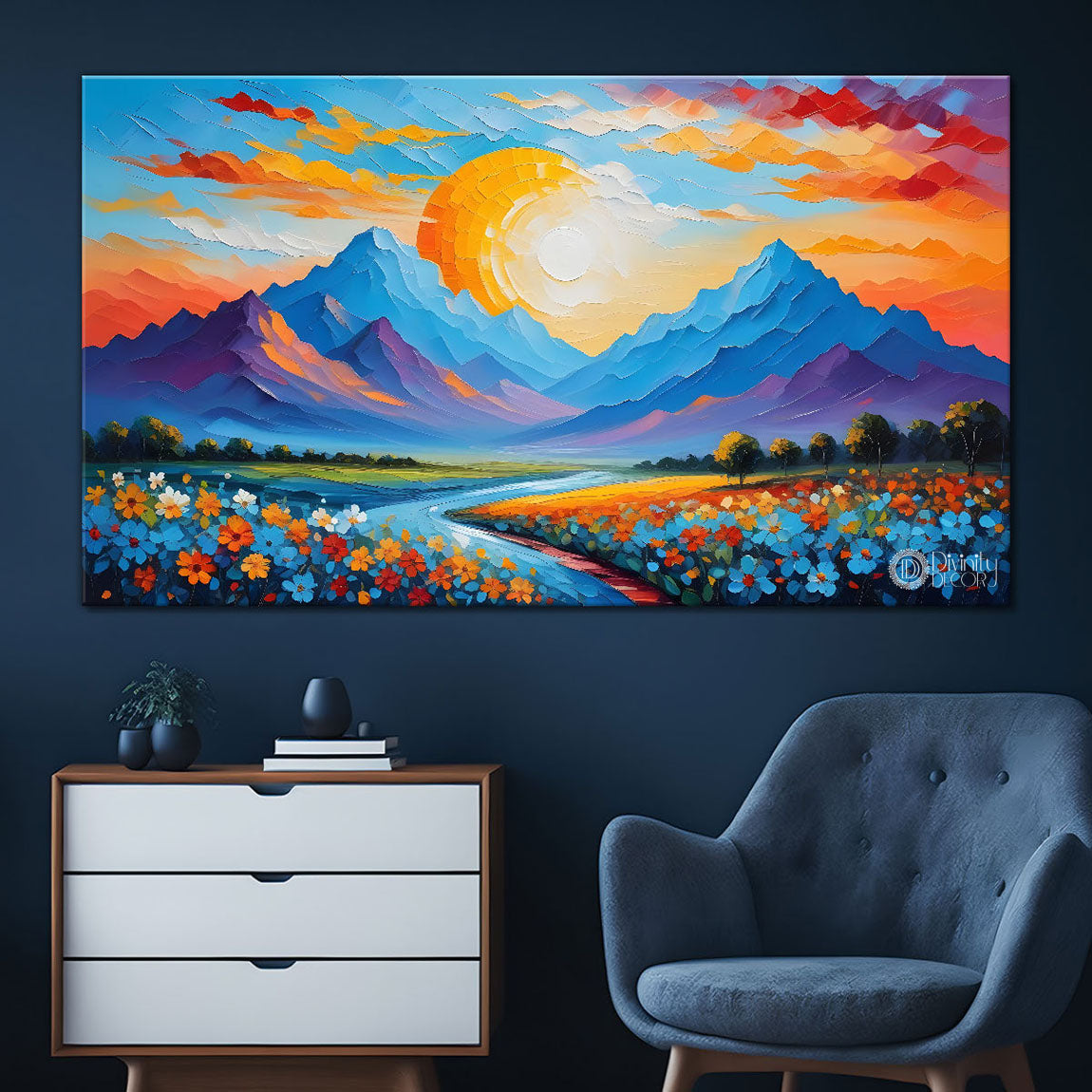 Mountains and sunset in textured water color painting Canvas Painting - Nature Art -315
