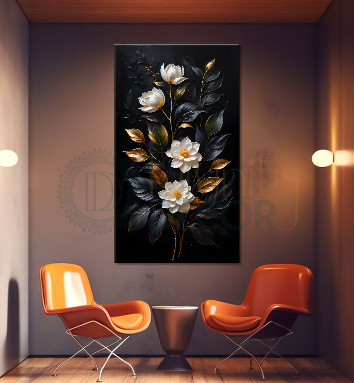 White flowers in black textured background painting- Flower-V-316