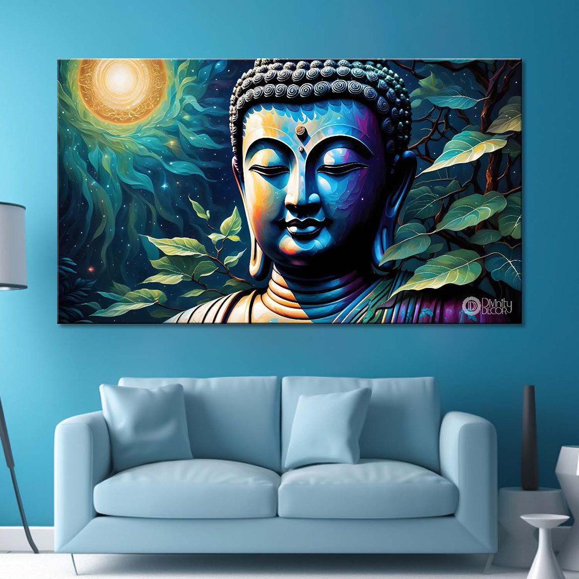Blue buddha with the blue and sun background textured painting Canvas Wall Painting - Buddha-317
