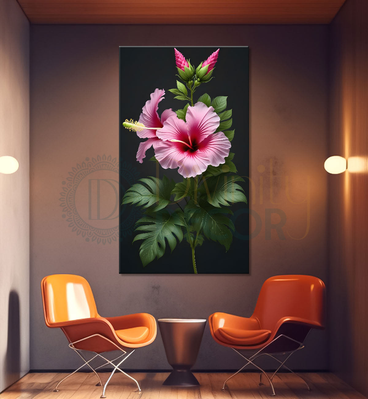 Pink flowers in dark textured painting- Flower-V-317