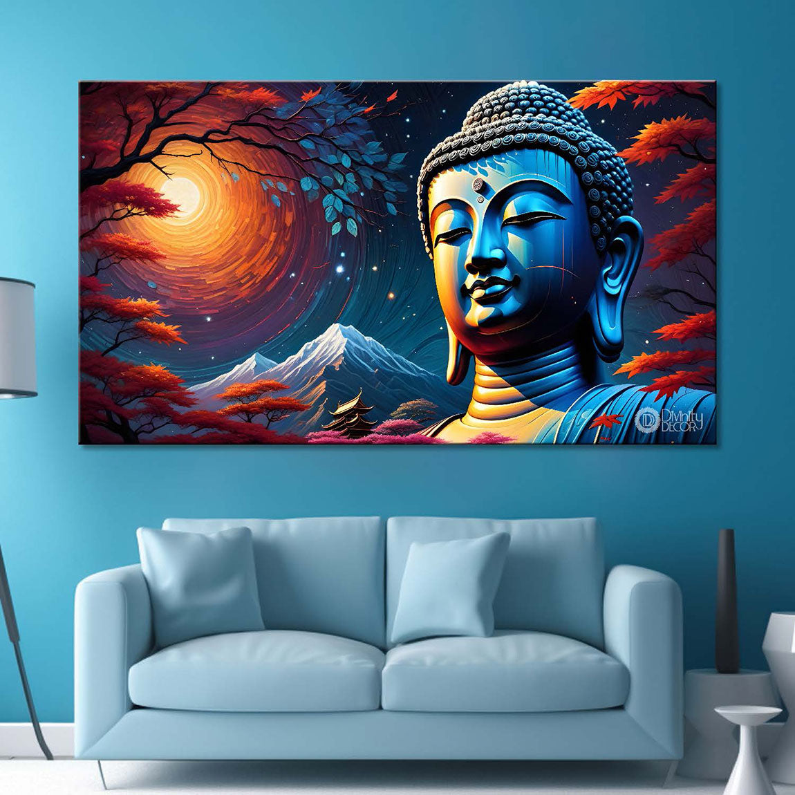 Blue buddha with the blue and sun background textured painting Canvas Wall Painting - Buddha-318