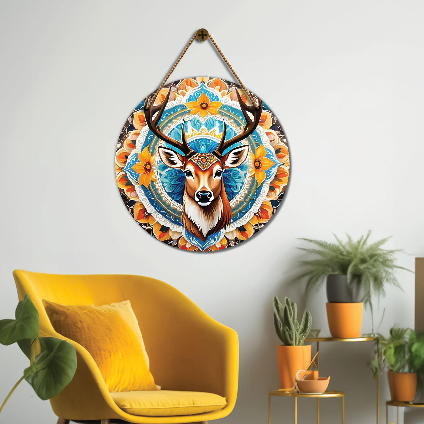 Deer in blue and floral mandala Round Wooden Wall Hanging for wall Décor - Design - 318