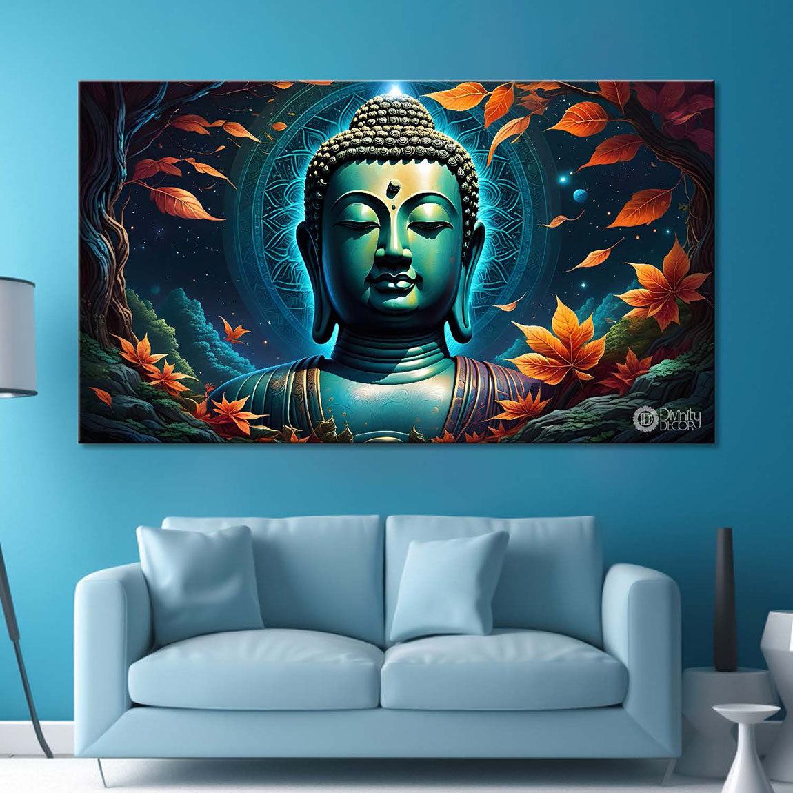 Blue buddha with the blue and leaves background textured painting Canvas Wall Painting - Buddha-319