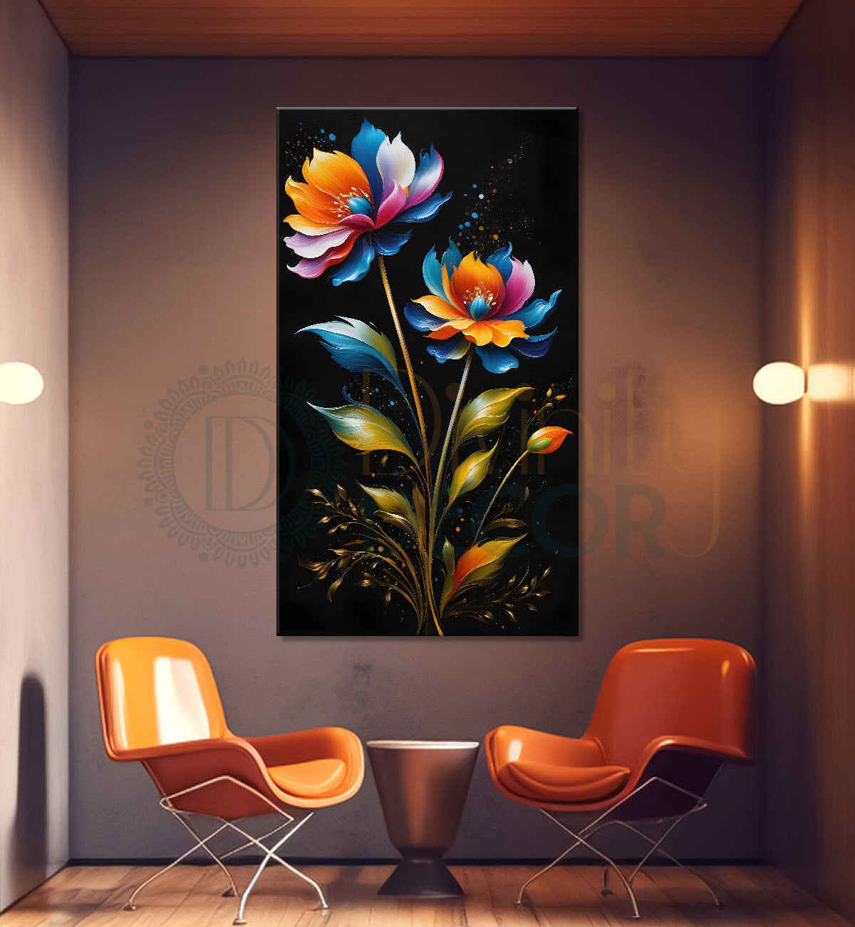 Colourful flowers in dark textured painting- Flower-V-319