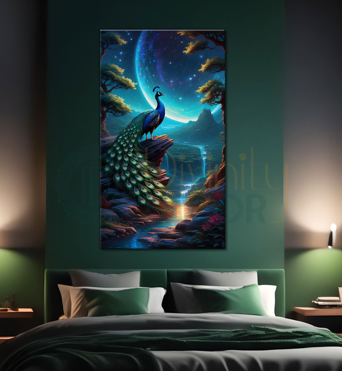Peacock in front of moon with blue background modern art painting - Design - Peacock-V-31