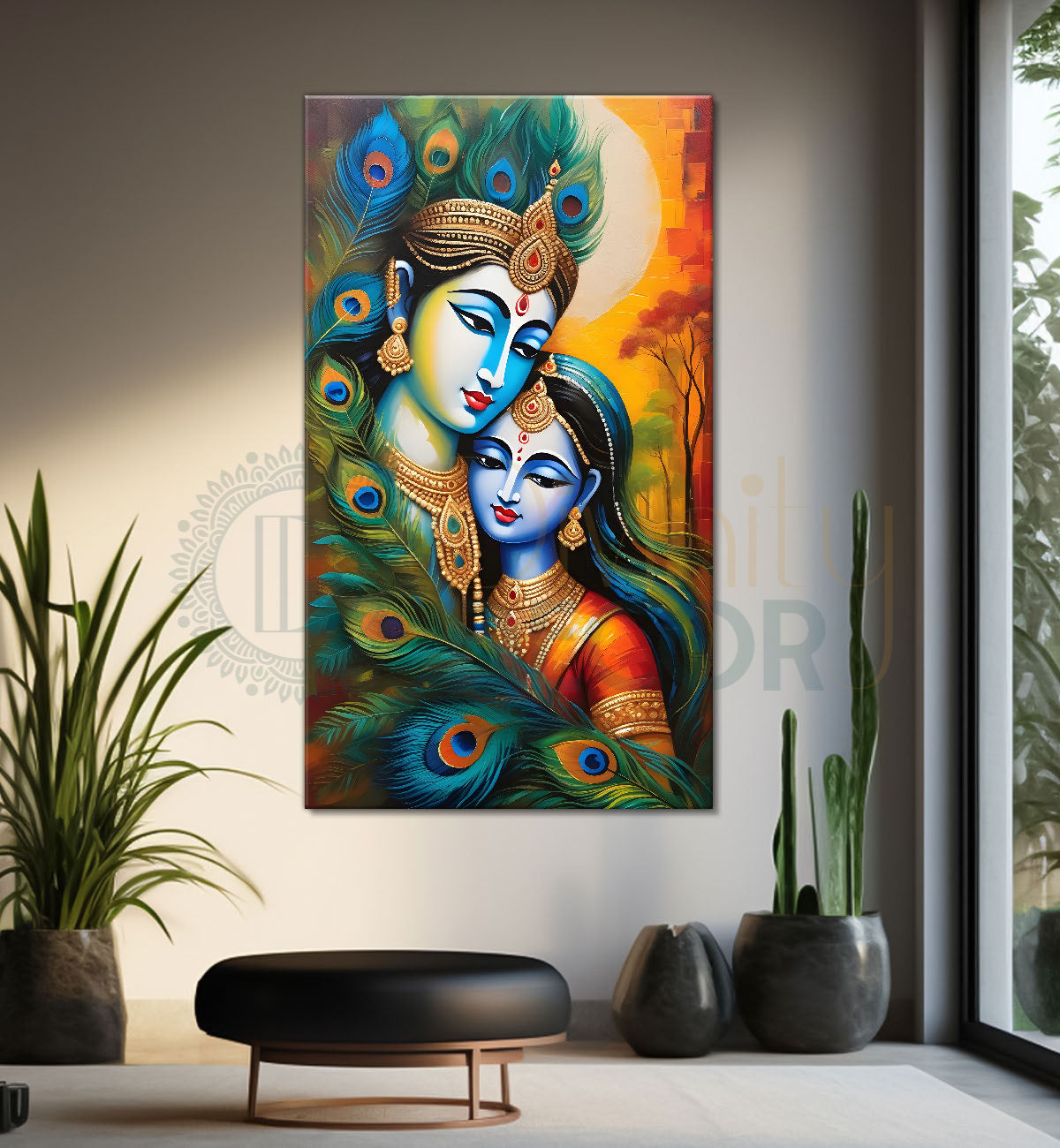 Blue face of krishna with radha in peacock feathers background textured art  Canvas Painting - Design - Krishna-V-31