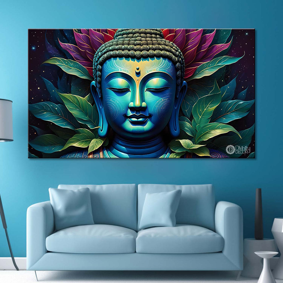 Blue buddha with the blue and leaves background textured painting Canvas Wall Painting - Buddha-320
