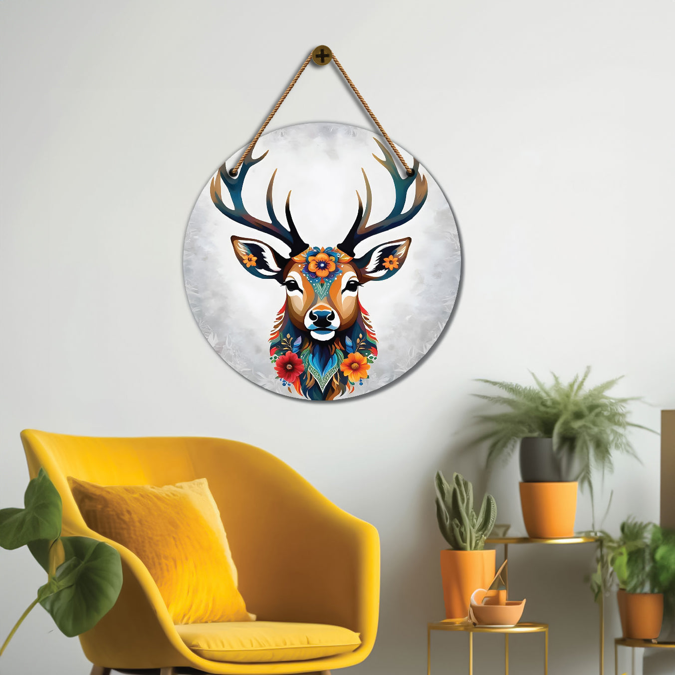 Deer in white and floral mandala Round Wooden Wall Hanging for wall Décor - Design - 320