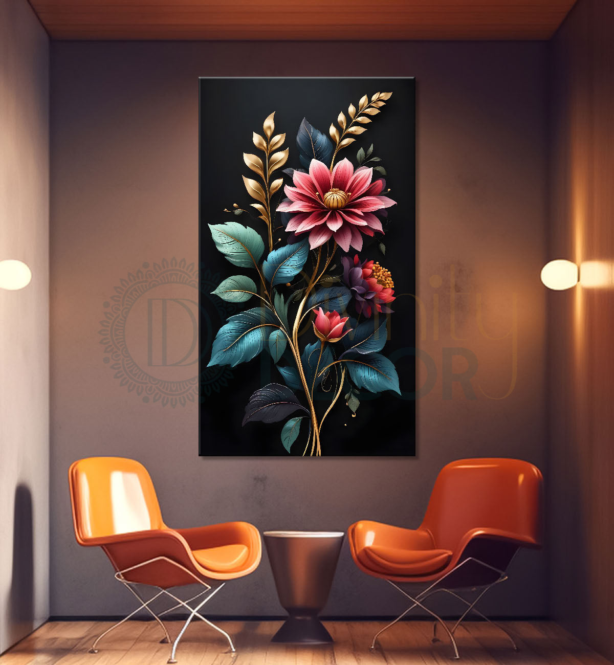 Pink flowers in dark textured painting- Flower-V-320