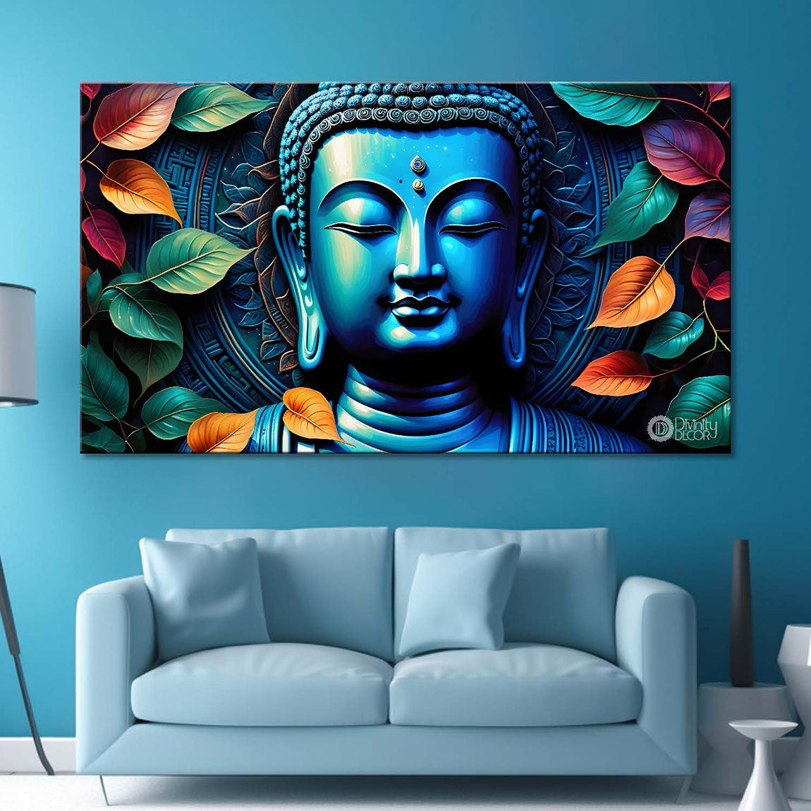 Blue buddha with the blue and leaves background textured painting Canvas Wall Painting - Buddha-321