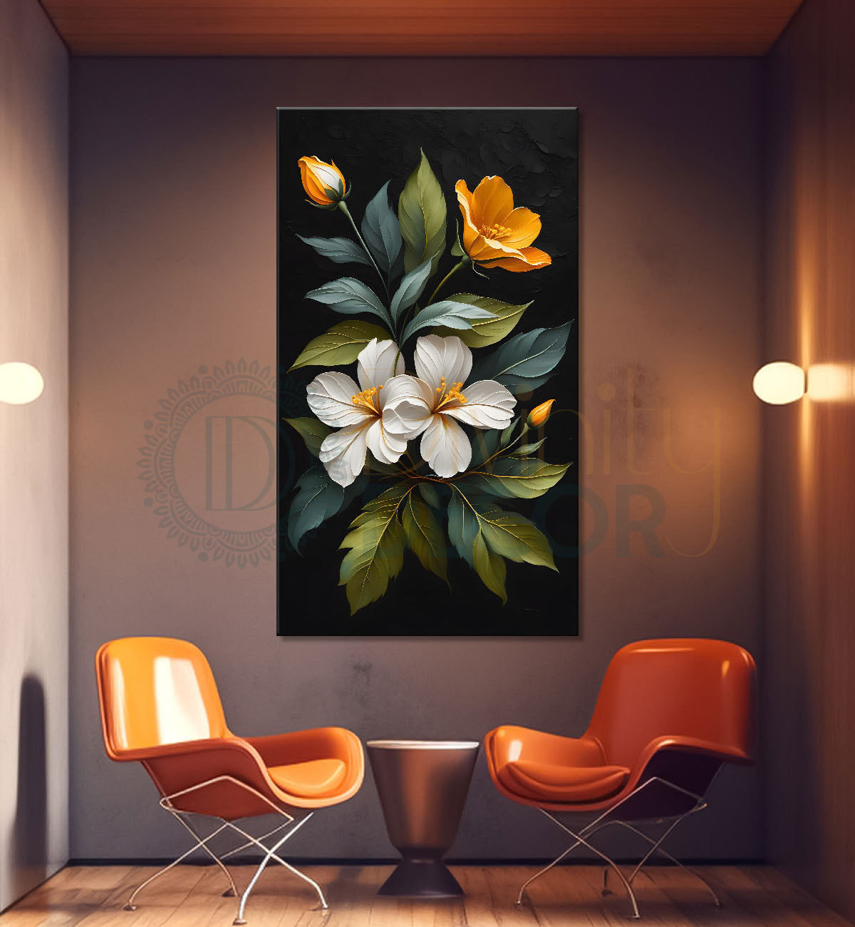 White and orange in dark textured painting- Flower-V-321