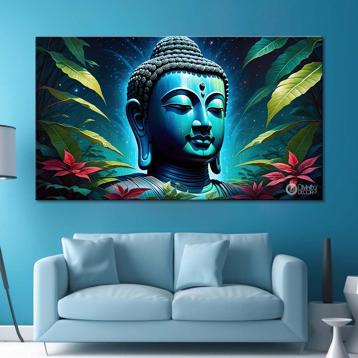 Blue buddha with the blue and leaves background textured painting Canvas Wall Painting - Buddha-322