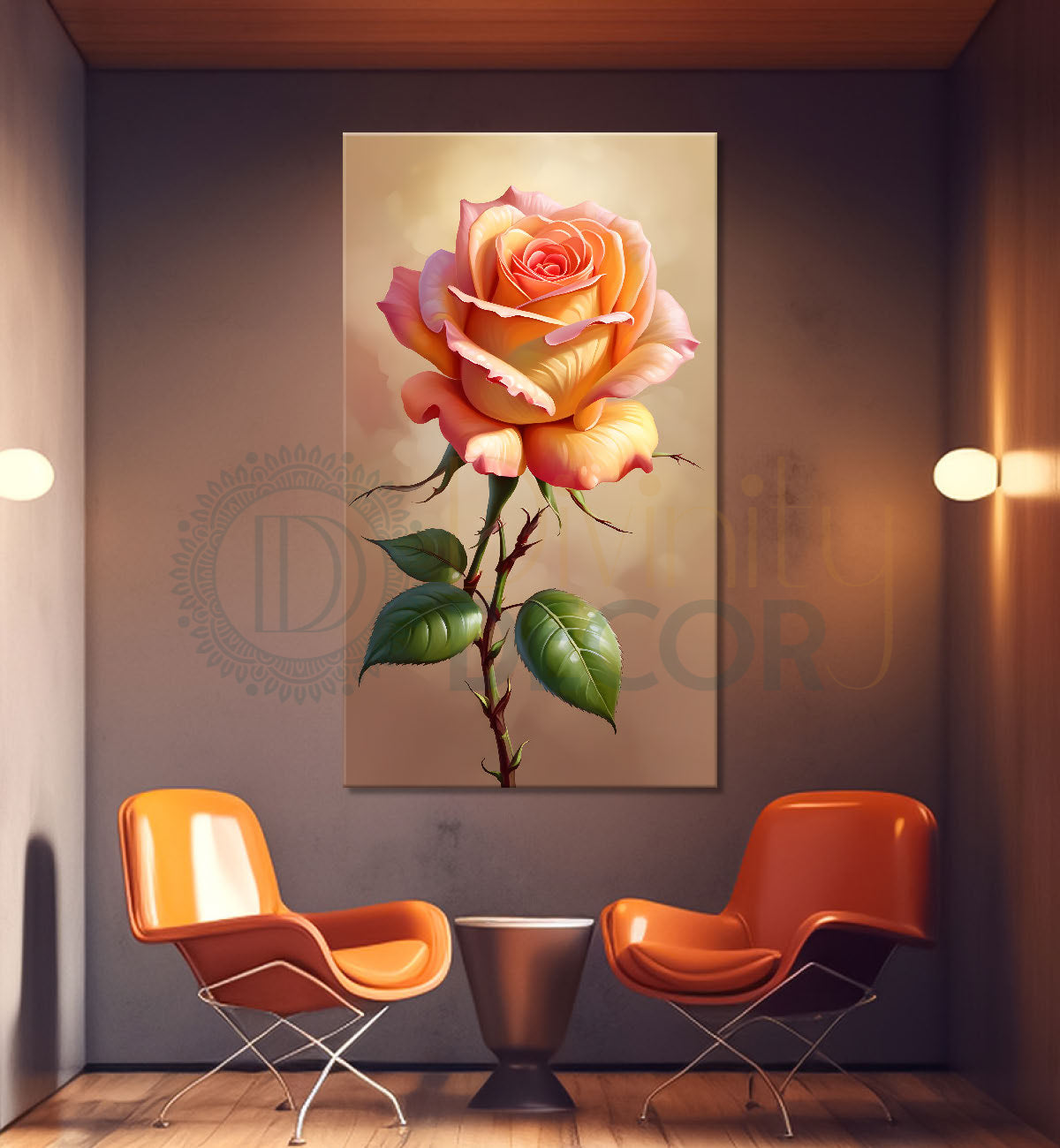 Light pink rose in light brown textued background painting- Flower-V-322