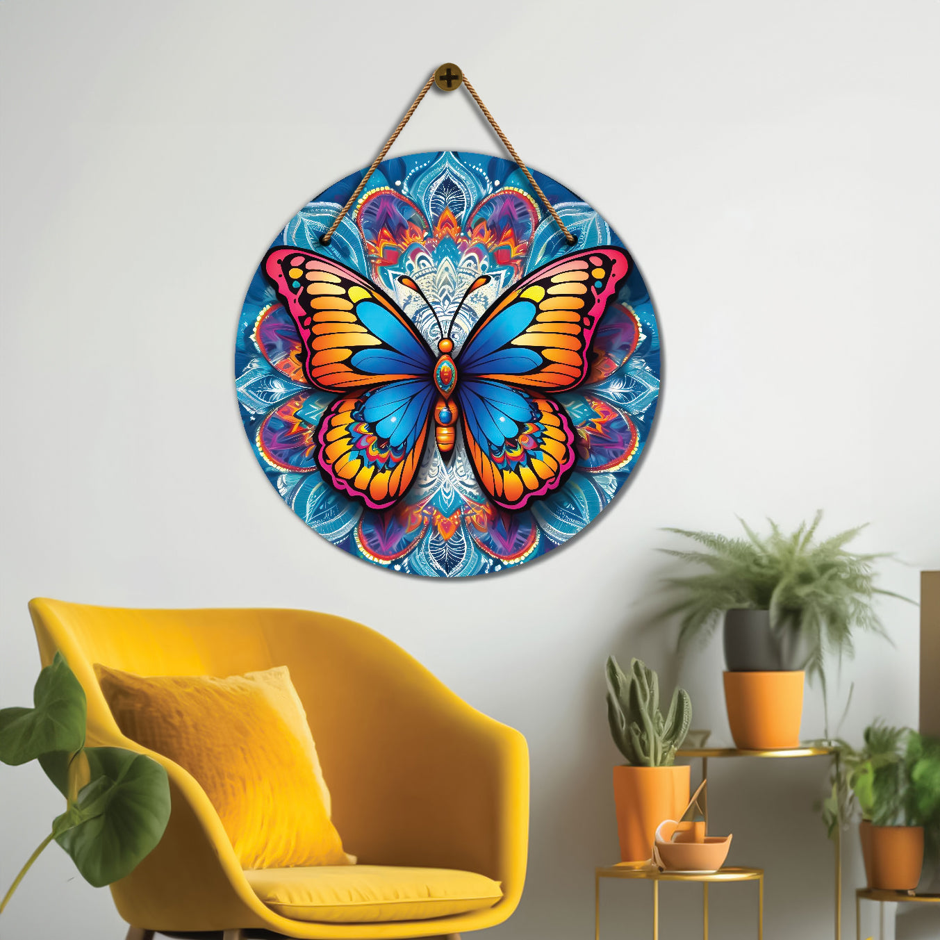 Butterfly in blue and floral mandala Round Wooden Wall Hanging for wall Décor - Design - 322