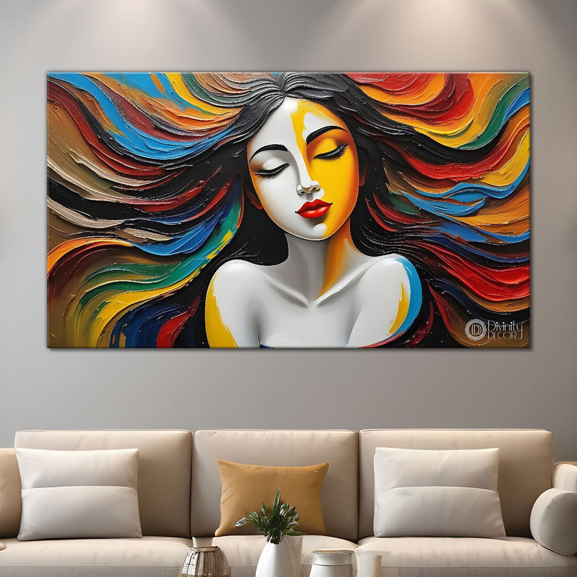 Beautiful woman with colorful background modern art Canvas Painting - Design - Modern-L-322