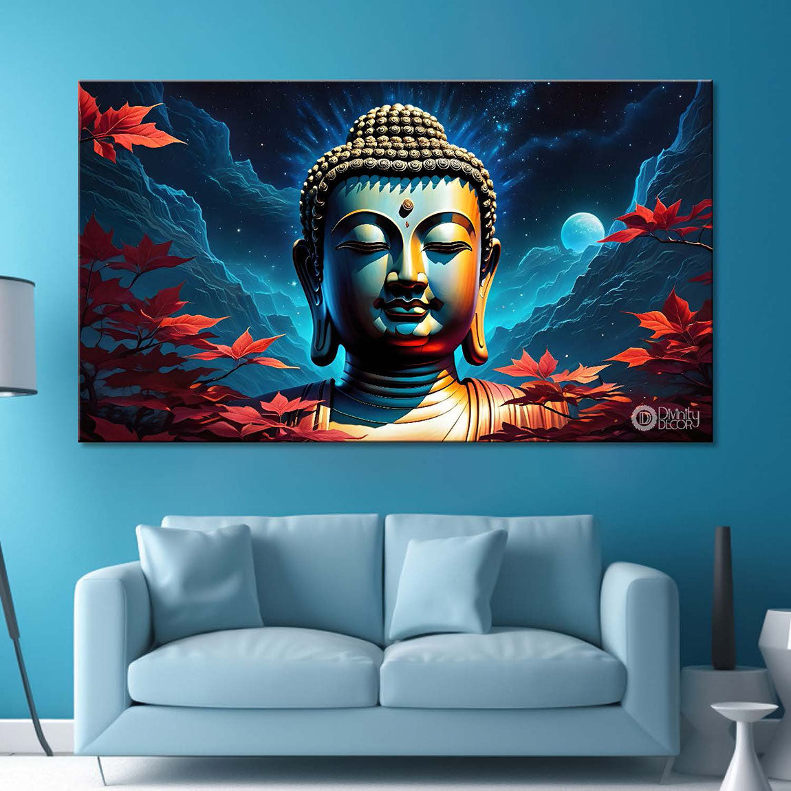 Blue buddha with the blue and leaves background textured painting Canvas Wall Painting - Buddha-323