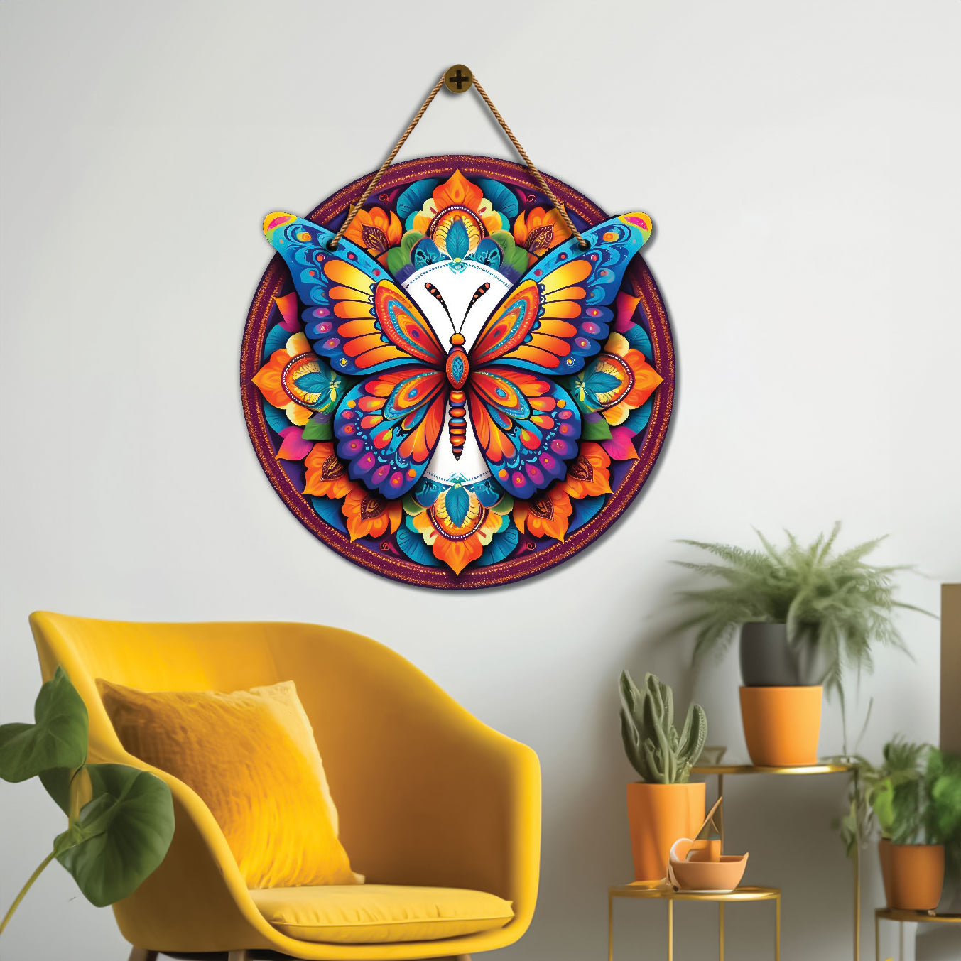 Butterfly in blue and floral mandala Round Wooden Wall Hanging for wall Décor - Design - 323