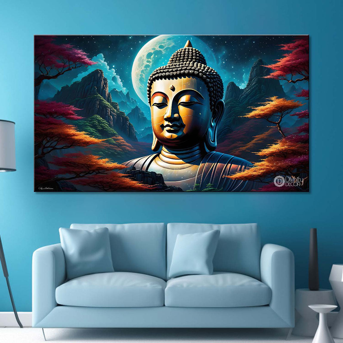 Blue buddha with the tree and blue background textured painting Canvas Wall Painting - Buddha-324