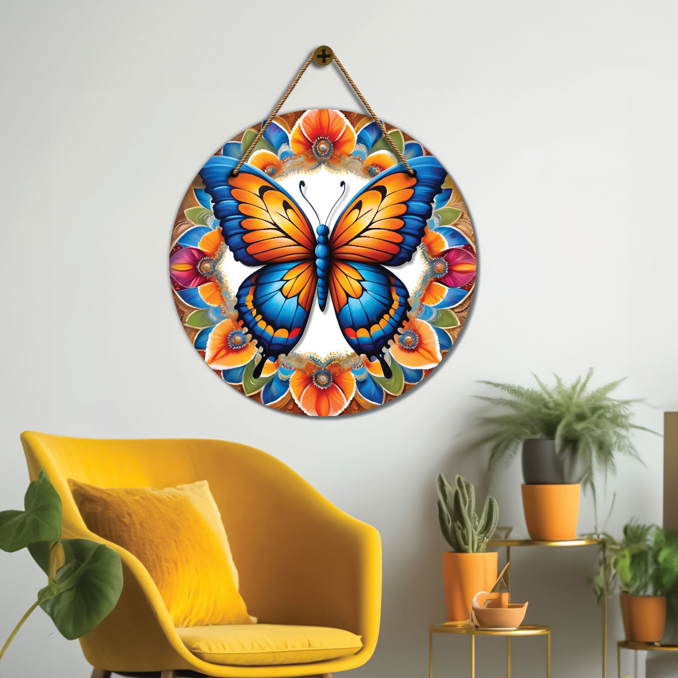 Butterfly in blue and floral mandala Round Wooden Wall Hanging for wall Décor - Design - 324