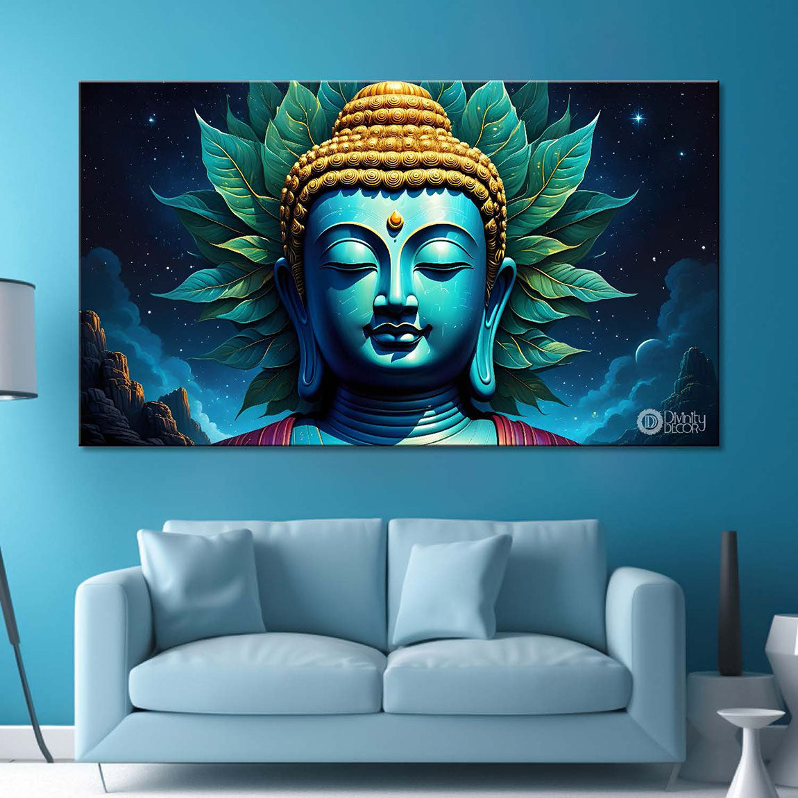 Blue buddha with the blue and leaves background textured painting Canvas Wall Painting - Buddha-325