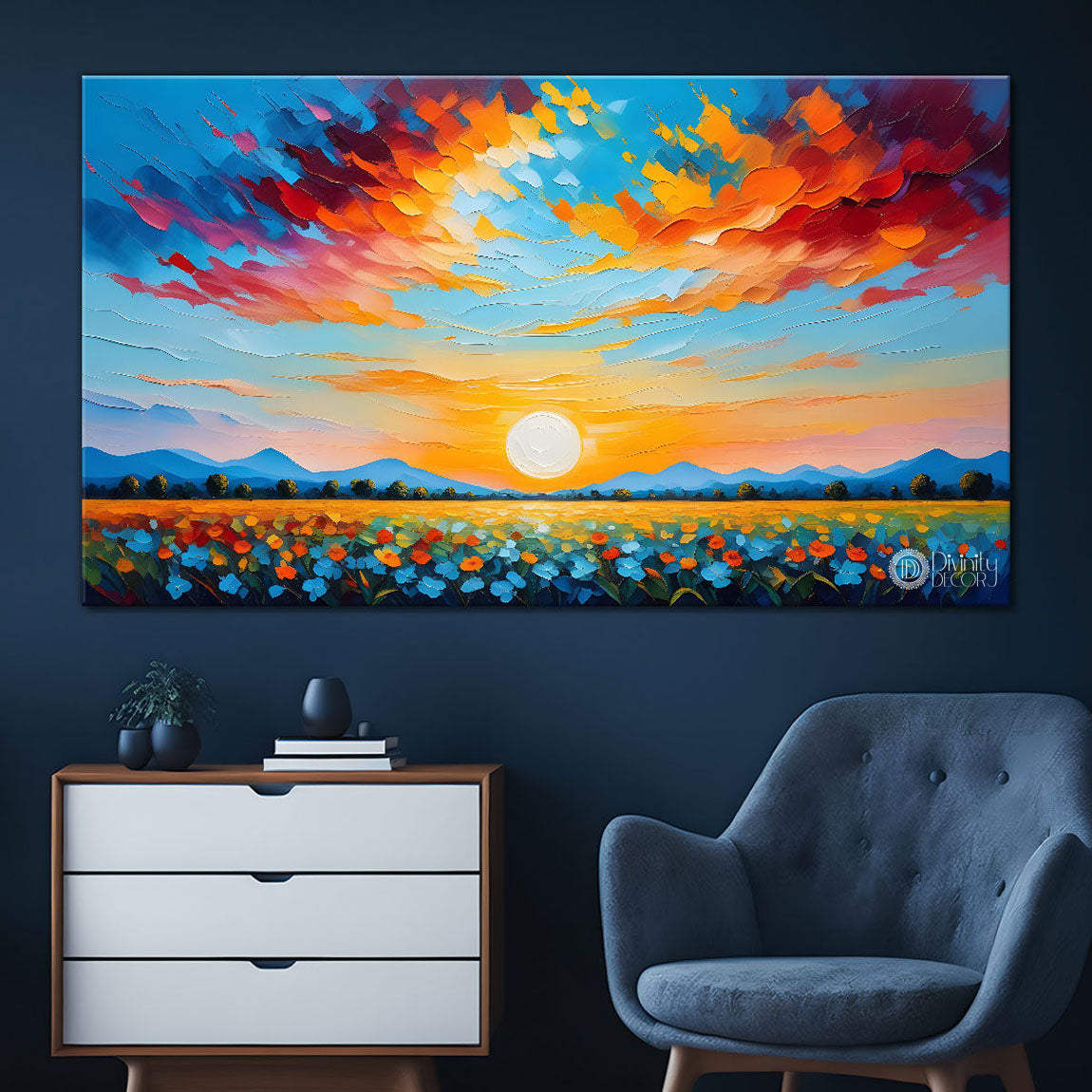 Mountains with flowers and sunset painting Canvas Painting - Nature Art -325