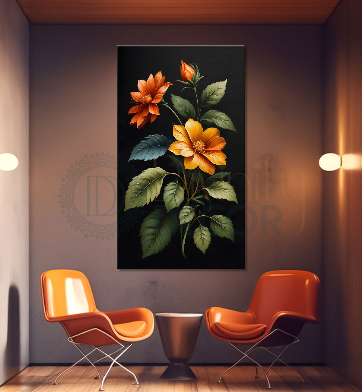 Orange flowers in dark textured painting- Flower-V-325