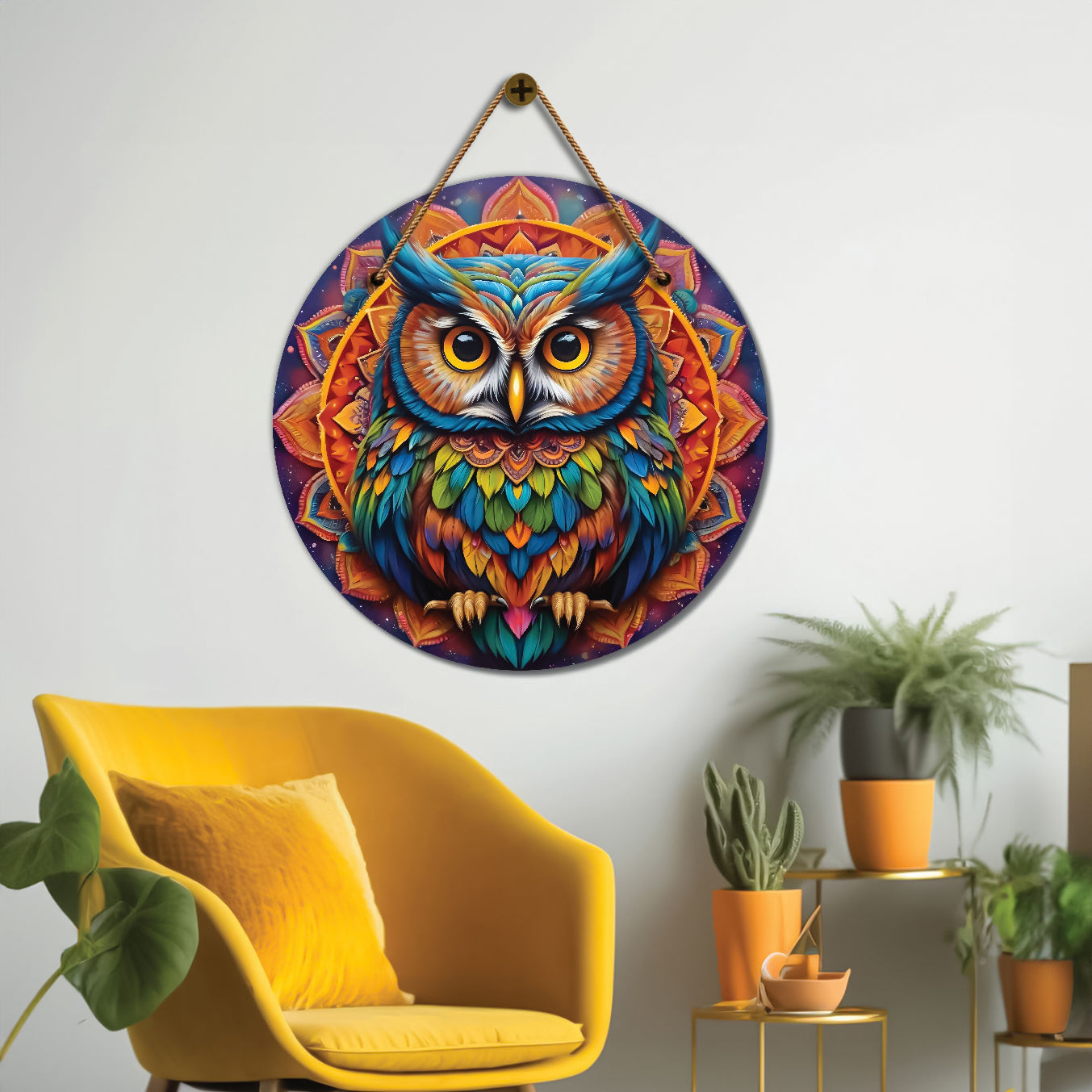 Owl in blue and orange mandala Round Wooden Wall Hanging for wall Décor - Design - 325