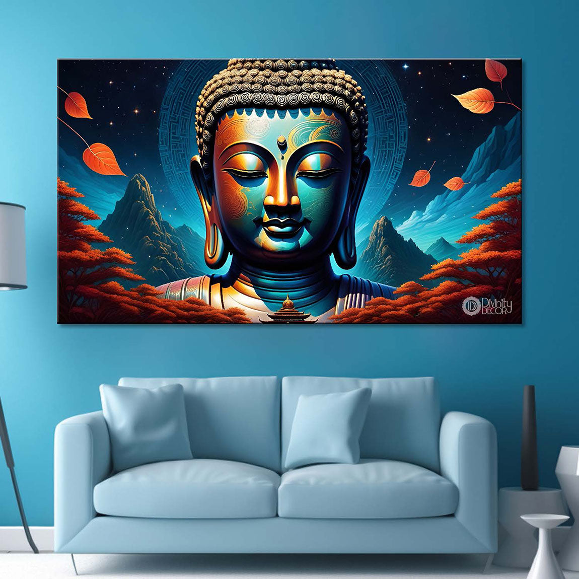 Blue buddha with the blue mountains and trees background textured painting Canvas Wall Painting - Buddha-326