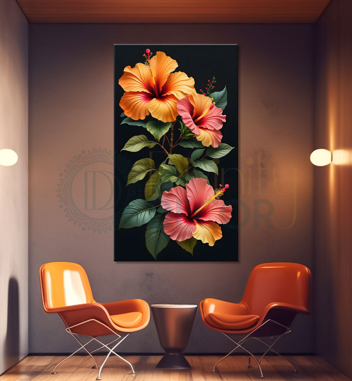 Orange flowers in dark textured painting- Flower-V-326
