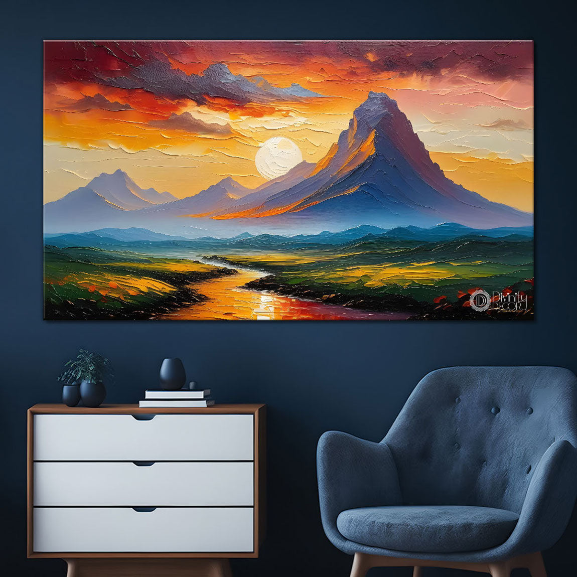 Mountains with sunset and river painting Canvas Painting - Nature Art -326