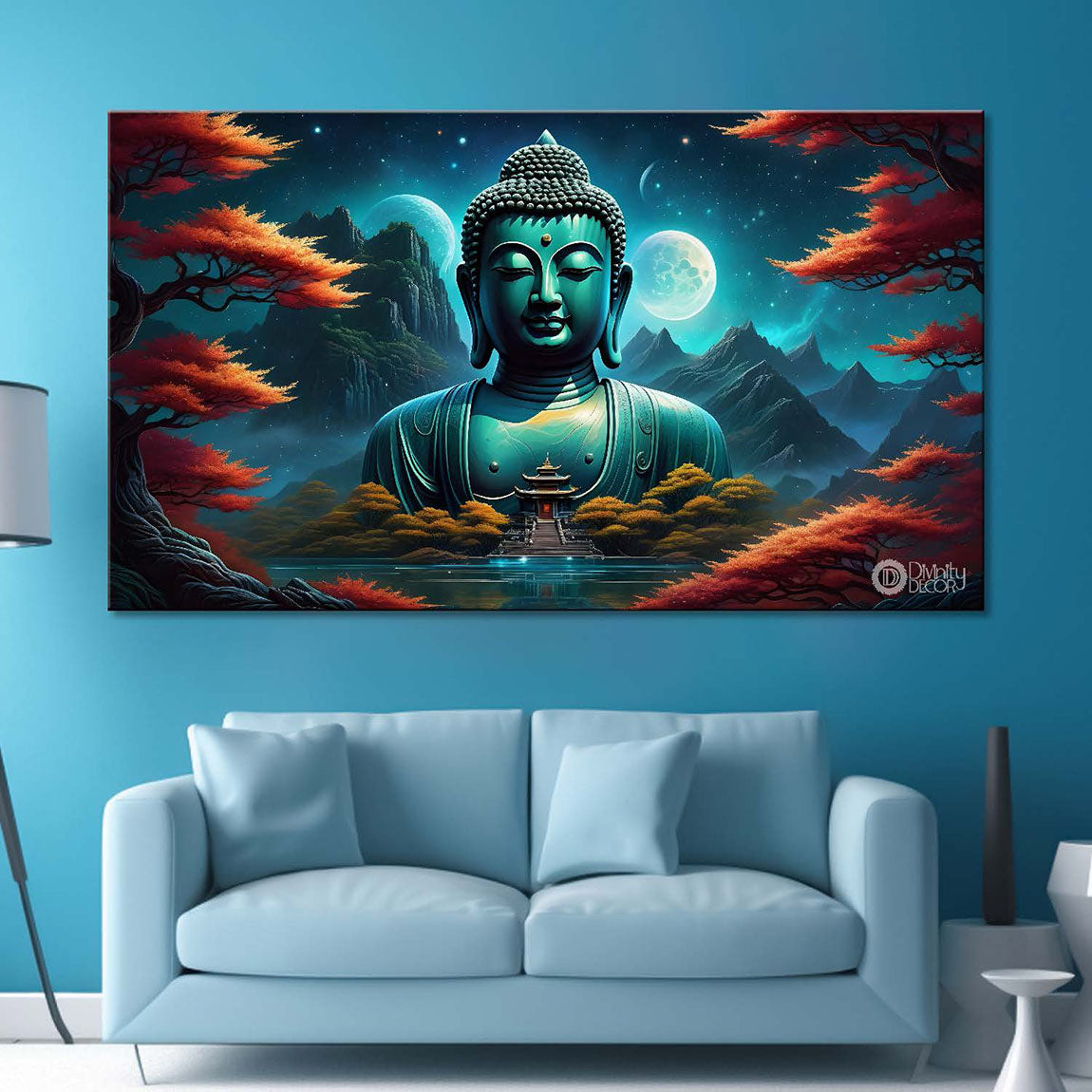 Blue buddha with the blue mountains and trees background textured painting Canvas Wall Painting - Buddha-327