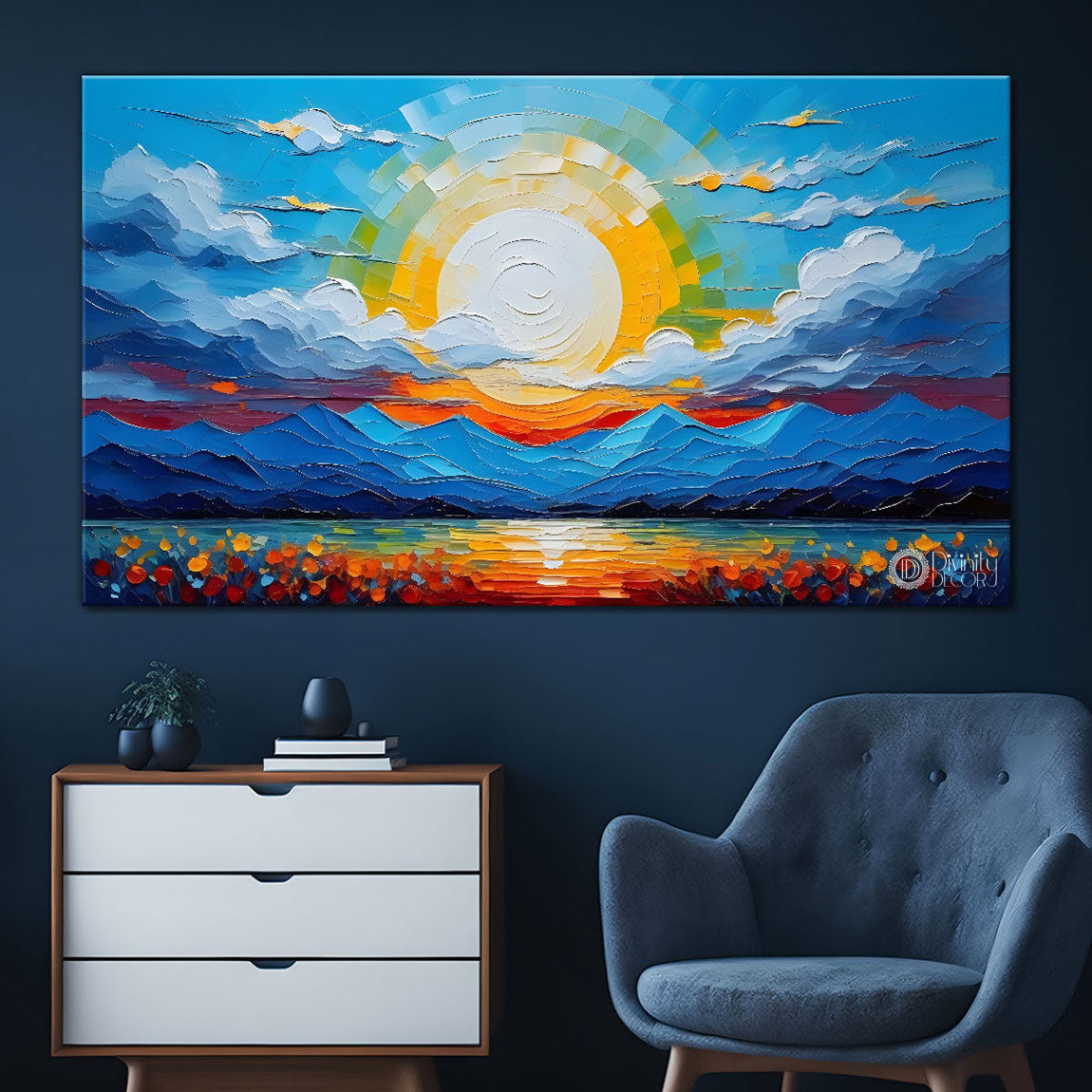 Mountains with flowers and sunset painting Canvas Painting - Nature Art -327