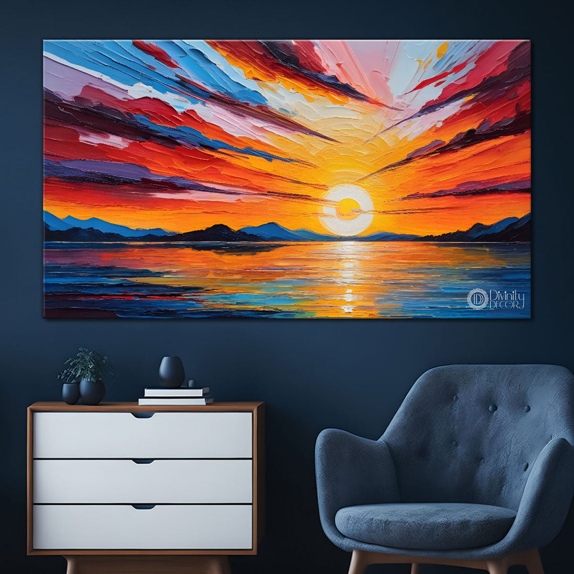 Mountains with sunset and river painting Canvas Painting - Nature Art -328