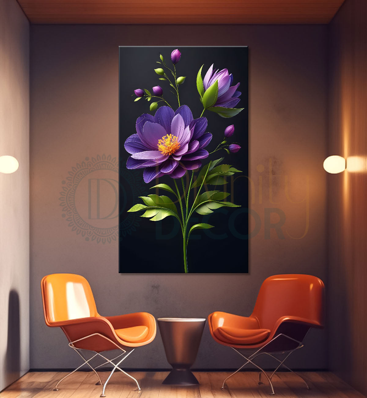 Purple flowers in dark textured background painting- Flower-V-328