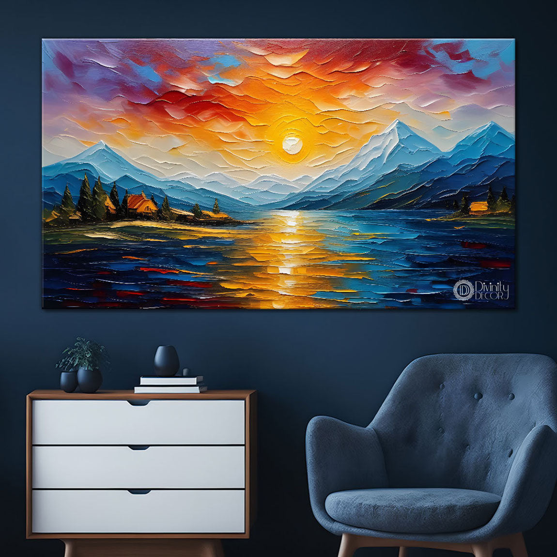 Mountains with flowers and sunset painting Canvas Painting - Nature Art -329