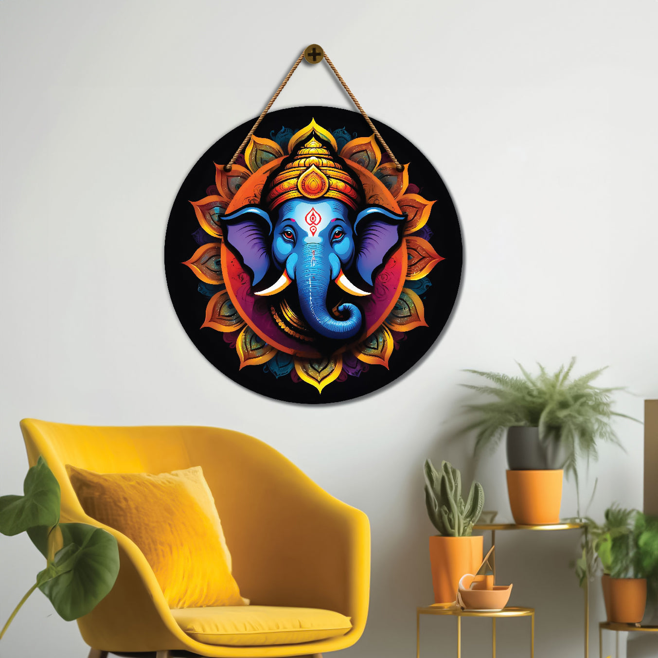Elephant in blue and yellow mandala Round Wooden Wall Hanging for wall Décor - Design - 329