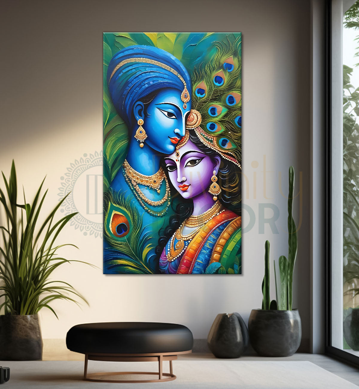 Blue face of krishna with radha in peacock feathers background textured art Canvas Painting - Design - Krishna-V-32