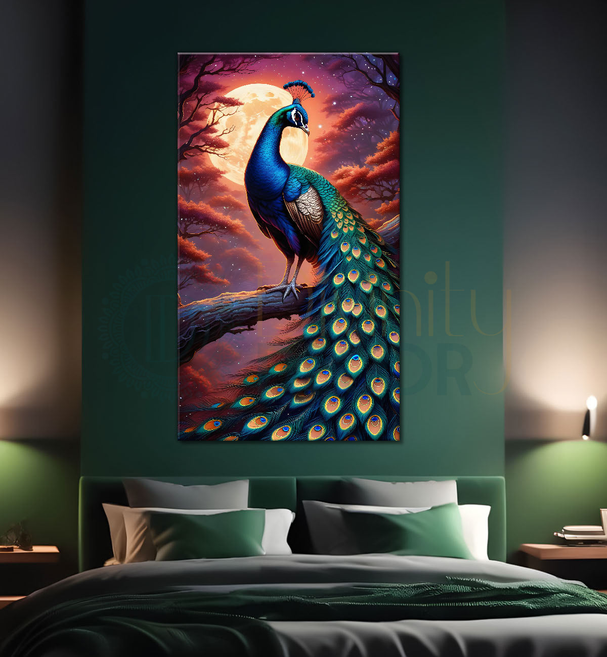 Peacock on branch in front of moon with sunset background modern art painting - Design - Peacock-V-32