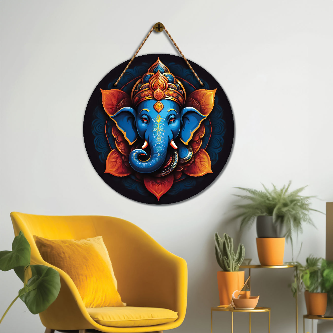 Elephant in blue and yellow mandala Round Wooden Wall Hanging for wall Décor - Design - 330